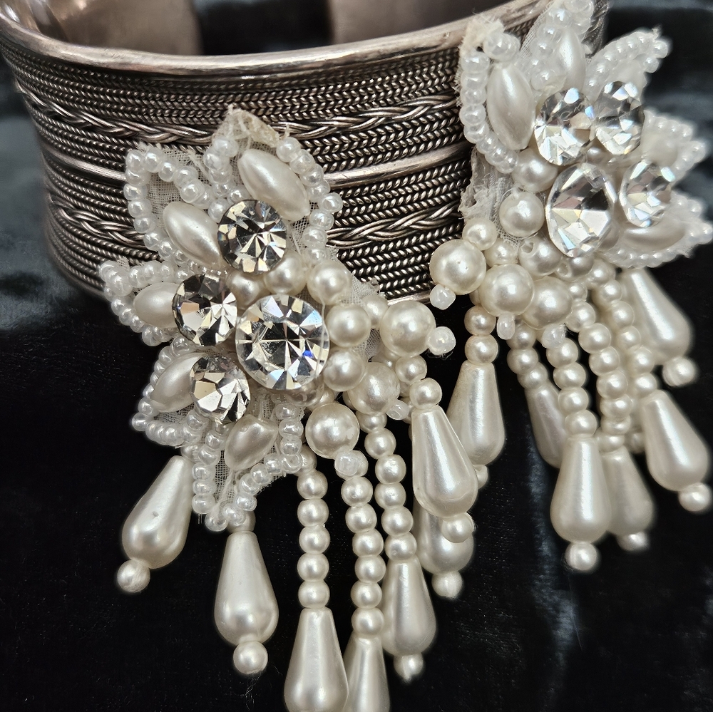 White Artisan Crafted Clip-on Earrings with Pearlized Beads & Rhinestones 2.14"L